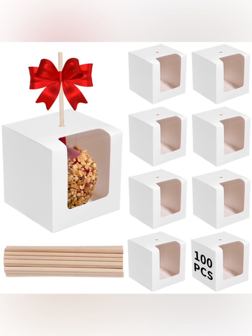 White Candy Apple Favor Boxes with Window and Skewers - 100 Pack